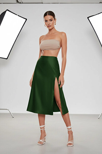 NSMLİFE SMARLING GREEN Midi Slit Λεπτομερής Ψηλόμεση Σατέν Φούστα