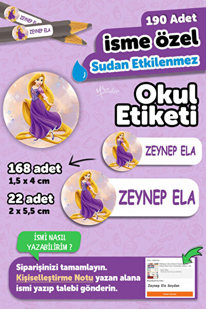 MSticker Okul Etiketi Kalem Defter isimli Etiket Isim Yazılabilen Rapunzel - ...