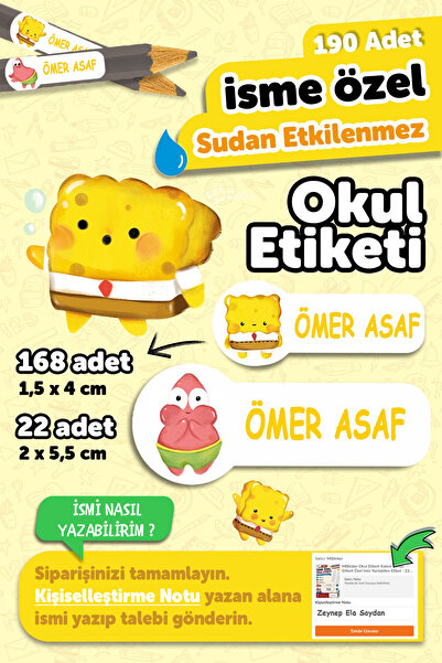 MSticker Okul Etiketi Kalem Defter isimli Etiket Isim Yazılabilen Sünger Dob ...