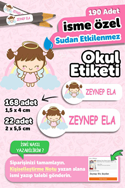 MSticker Okul Etiketi Kalem Defter isimli Etiket Isim Yazılabilen Sevimli Mel...