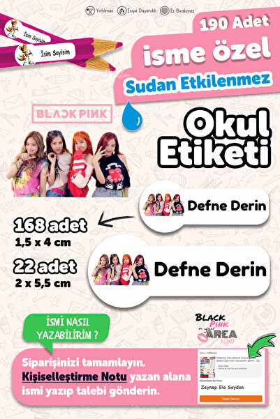 MSticker Okul Etiketi Kalem Defter Etiketi Black Pink Temalı Isim Yazılabilen...