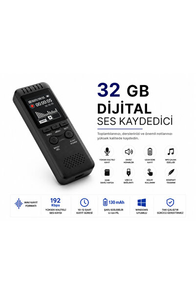 AteşTech 32GB MP3 Çalar Özellikli Dijital Ses Kaydedici - Dahili Hoparlörlü