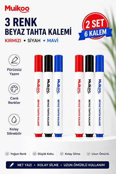 2 Paket 3'lü Beyaz Tahta Kalemi Seti - Kırmızı, Mavi, Siyah