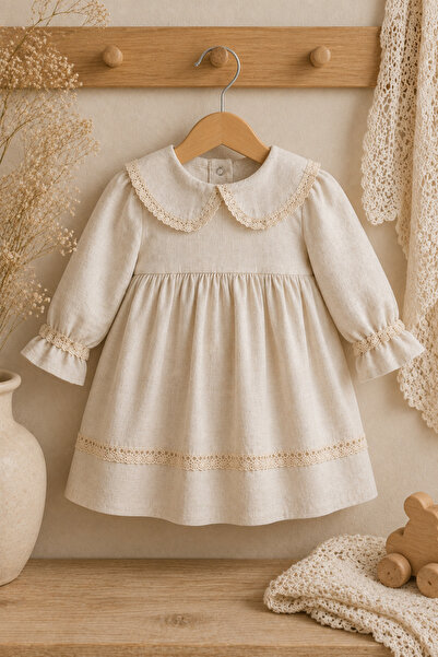 Mnk Baby&Kids Kız Bebek %100 Pamuk Bebe Yaka Uzun Kollu Müslin Elbise M00851 EKRU