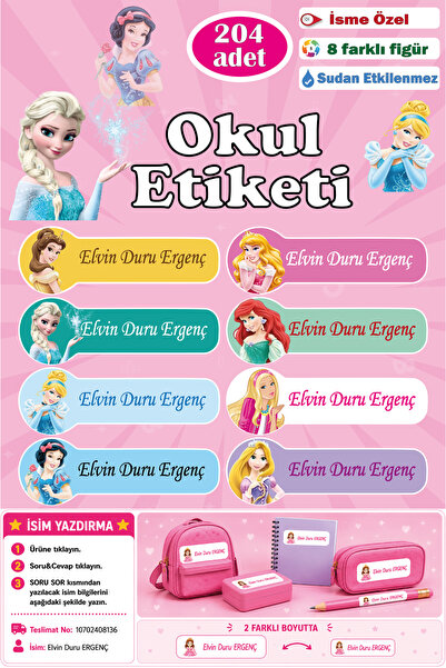 GSticker İsme Özel Okul Etiketi Kalem Defter Etiketi Sticker Çocuk Prenses Fi...