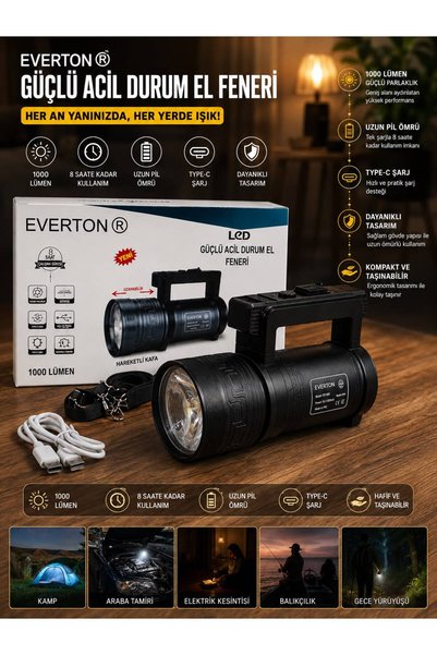 BLOMSTER Everton rt-829 metal sonlu el feneri 100W 1000 Lümen şarjlı acil dur...