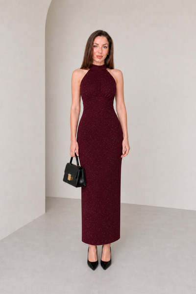 MİROR Women's Burgundy Glittery Halter Neck Halter-Neck Halter-Neck Slit Maxi...