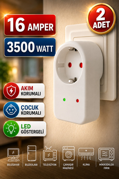 nelerbulurum 2 ADET TEKLİ AKIM KORUMALI VE ÇOCUK KORUMALI ISINMAYA KARŞI KORUNMA 16 AMPER-3500 WATT