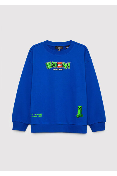 Mavi Minecraft Baskılı Kapüşonsuz Sweatshirt 6S10191-70896