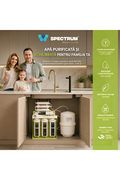 SPECTRUM WATER Sistem osmoză inversă premium GREEN Series, 7 stadii, 100 GPD, cu pompă, alcalinizare, mineralizare, rezervor, baterie și tester calitatea apei