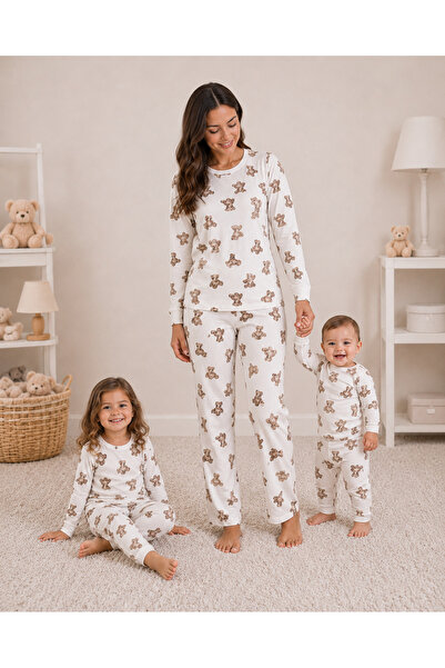 Drop Kids Mother-Child Combination Long Pajama Set Red Fitted Bear Pattern