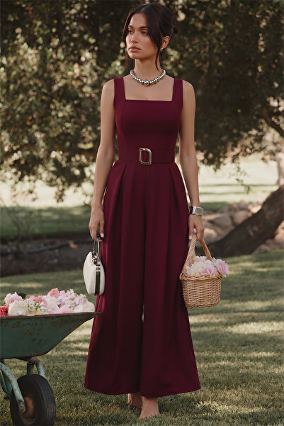 MODA DURAĞI Rosso Kadın Kemer Detaylı Askılı Bol Paça Tulum