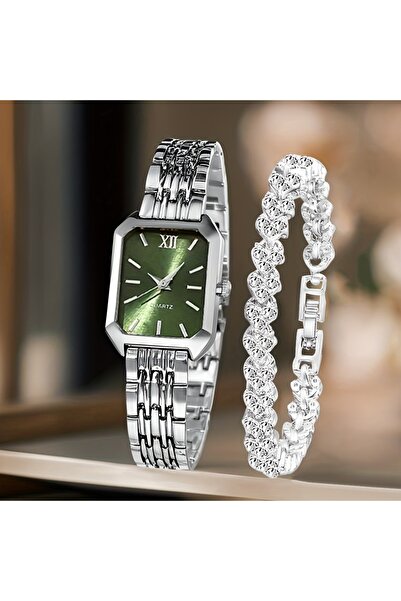 Choice7 Silver Green Kit 2PCS/Set Fashion Rectangle Women Quartz Watch Ladies...