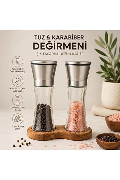 BuradaBuldun Glass Salt and Pepper Mill with Wooden Stand |   Stainless Steel...