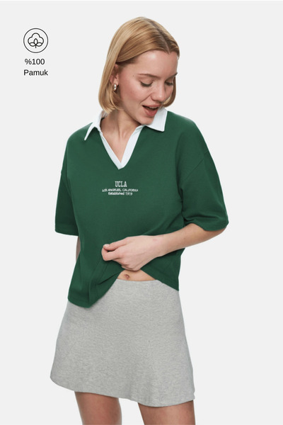 UCLA POLLY Yeşil Polo Yaka Nakışlı %100 Pamuk Loose Fit Kadın Tshirt
