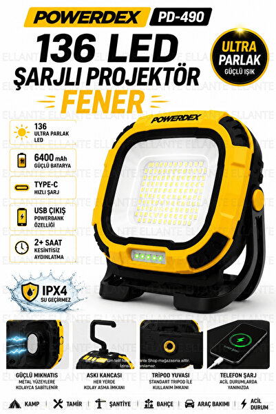 ellante 136 LED Şarjlı Projektör Fener 6400 mAh Type-C USB Powerbank Özellikl...