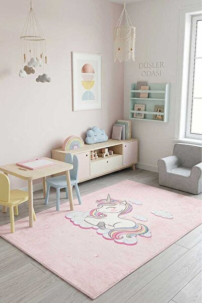 Frenda Home Unıcorn Pamuk Taban Dekoratif Baskılı Çocuk Odası Halısı Pembe