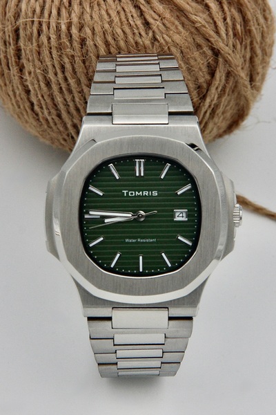 TOMRİS Steel Men's Wristwatch, Waterproof, Calendar, Silver Color Cord, Green...