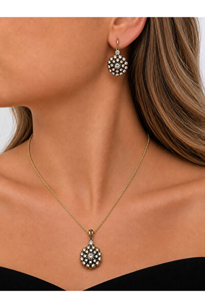 FUYA JEWELLERY Taşlı Çiçek Motif Kolye, Küpe Set