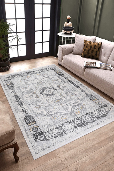 ANTIQUE HOME Vintage Antrasit Krem Klasik Desenli Salon ve Oturma Odası Halıs...
