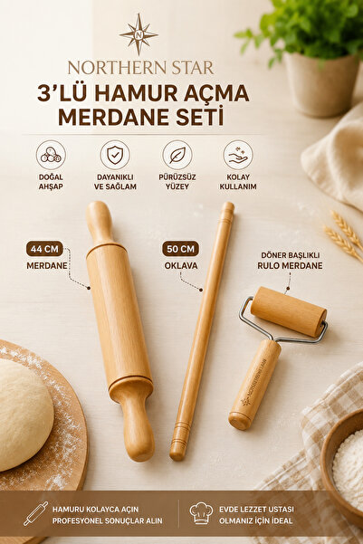 Motto Kitchen Ahşap 3'lü Oklava Merdane Seti Hamur Açma Rulo Merdanesi