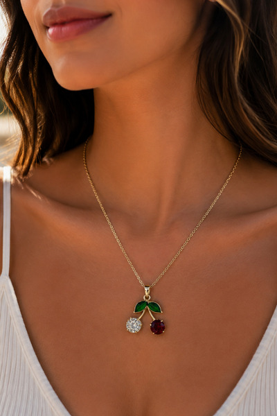 Modex Steel Gold Color Stone Fruit Minimal Cherry Necklace (40cm)