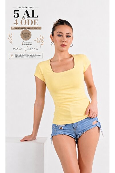 moda felinya KADIN KISA KOLLU KARE YAKA AÇIK SARI RENK BODY T-SHİRT BLUZ