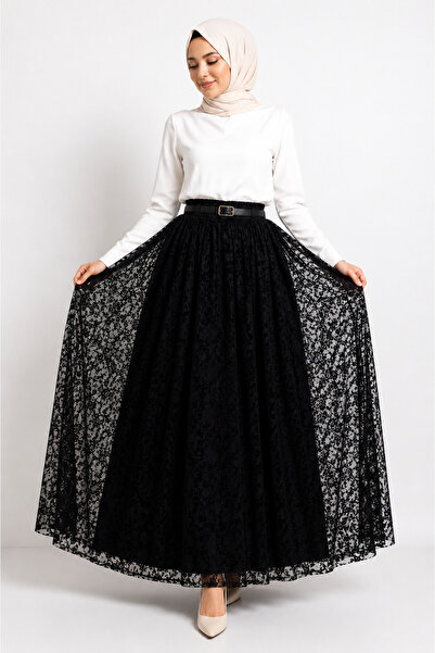 Livaa Flocked Printed Skirt with Inner Lining and Belt