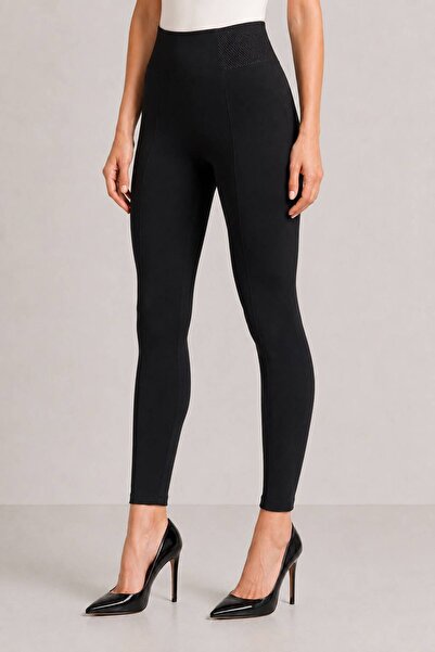 Grenj Fashion Black High Waist Tights with Wide Elastic Detail on the Belt