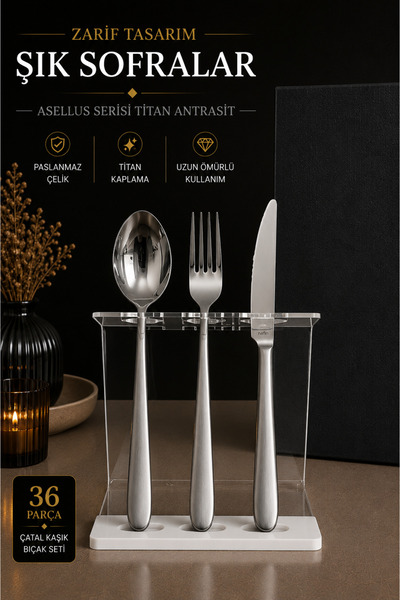 Narin Asellus-Titan Antrasit-36 parça çatal kaşık bıçak seti