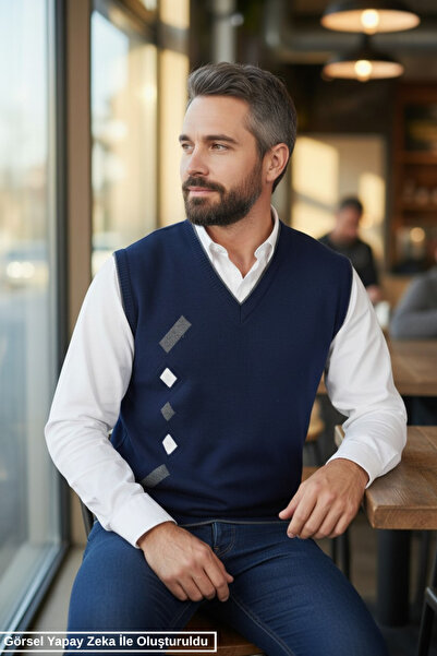 Kamalı Navy Blue Men's Steel Knit Winter Thick Knitwear V-Neck Knitwear Knit ...
