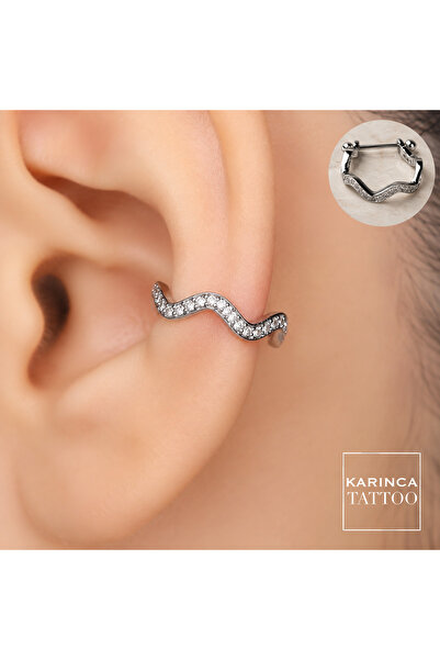 Karınca Piercing Deniz Dalga Rhodium Çelik Zirkon Taşlı Ear Cuff Orbital Conc...