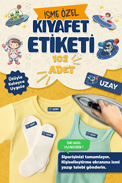 MSticker Kıyafet Etiketi - Okul Kıyafetlerine Kişiye Özel 30 Saniyede Kolay Uygulama Yıkanabilir - Uzay
