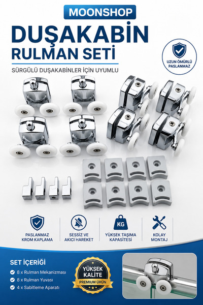 MOONSHOP Duşakabin Tekerleği Cam Kabin Tekeri Rulman Metal Gövdeli 8 Li Çapı ...