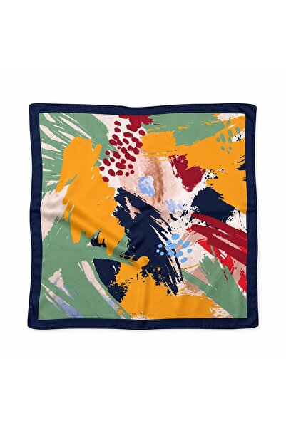 Axesoire 13750-7 Lacivert Kenarlıklı Renkli Saten Bandana Fular 70x70 cm