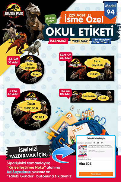 t tuğset etiket Okul Etiketi Jurassic Park Kalem Defter Etiketi Özel İsim Yaz...