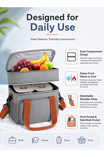 Yoawllty Insulated Lunch Bag Grey, Leakproof Large Capacity Cooler Tote for Adults Kids Work School Picnic
