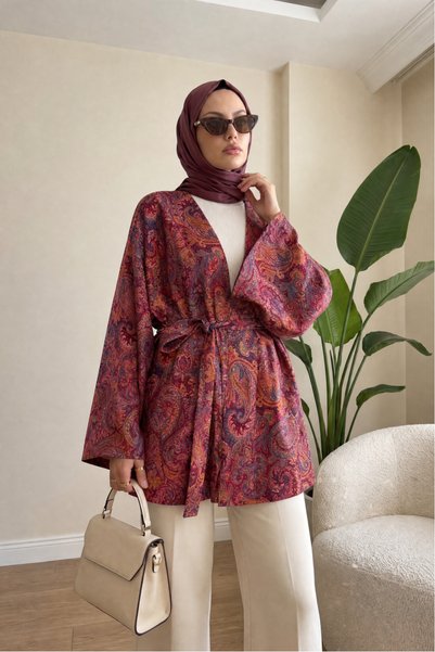 LENFORA Bağcıklı Etnik Desenli Kimono -Kahverengi