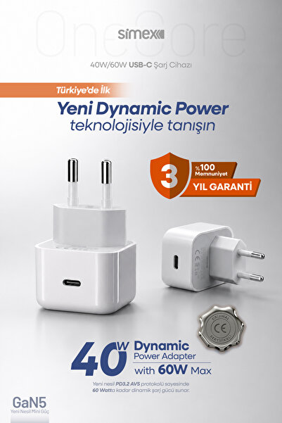 Simex iPhone 60W PD Type-C Hızlı Şarj Adaptörü Dynamic Power 40W iPad Air Şar...