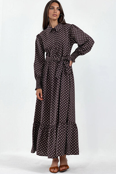 Merterium Women's Belted Polka Dot Hijab Dress 1511 - A.Brown