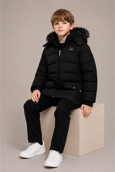 REGOS Men's Black Removable Hooded Water and Windproof Children's Coat and Coat