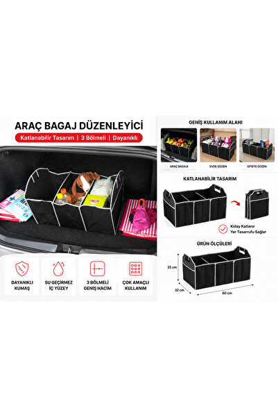 BE ACTİVE 3 Bölmeli Araba Bagaj Çantası Katlanabilir Piknik Kamp Organizeri Soğutuculu Çanta Hediye