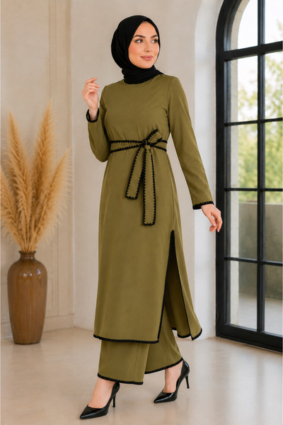 Missvalle Shepherd's Stitched Belted Suit Khaki 19365