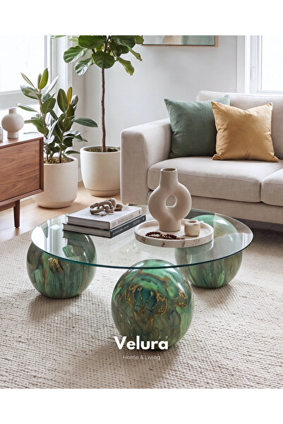 Velura Home & Living Jungle Top Sehpa & Küre Cam Orta Sehpa - Jungle Traverte...