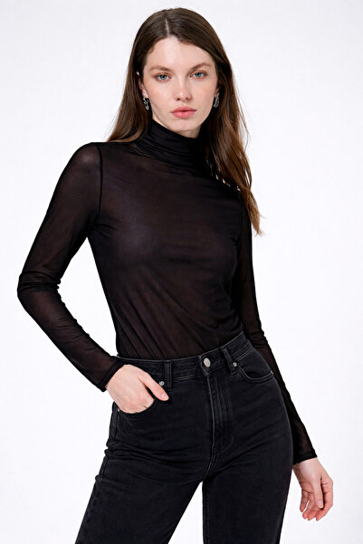 HAKKE High Collar Long Sleeve Sheer Bluz