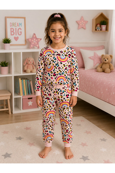 ALİŞ KİDS Girl's Cotton Rainbow Patterned Long Sleeve Seasonal Pajama Set