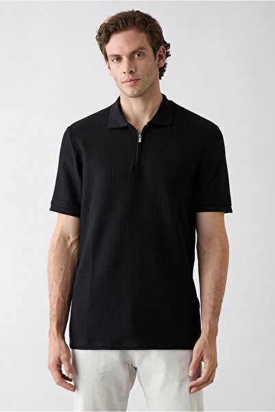 Kiğılı Zippered Polo Collar Regular Fit 100% Cotton Patterned T-Shirt