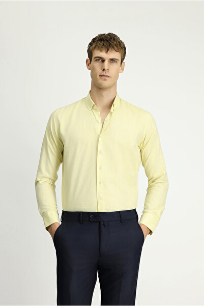 Kiğılı Uzun Kol Slim Fit Dar Kesim Pamuklu Keten Düğmeli Yaka Gömlek