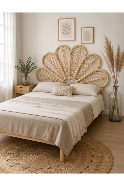 Bambu Rattan Hasır Yatak Başlık El Yapımı Çift Kişilik Naturel Renk 140cm