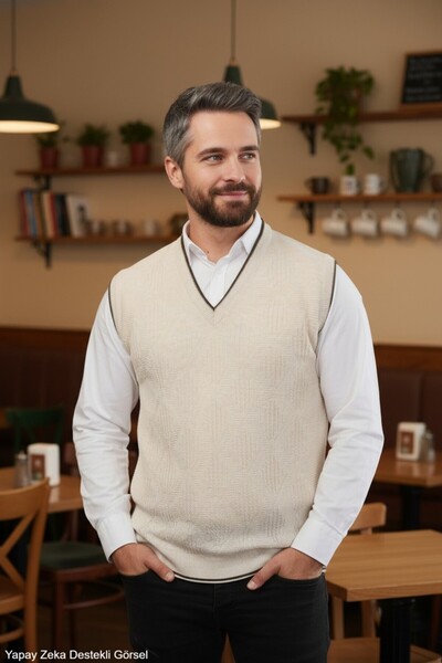 Kamalı Men's Cream Non-Pilling Anti-Pilling Standard Fit Hair Knit Patterned ...